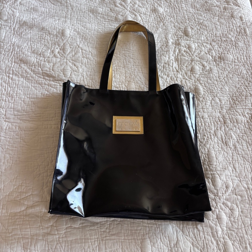 Black Patent Tote Bag with Gold Plaque - Macy's